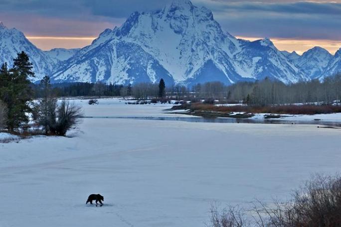 winter sunset behind mountains